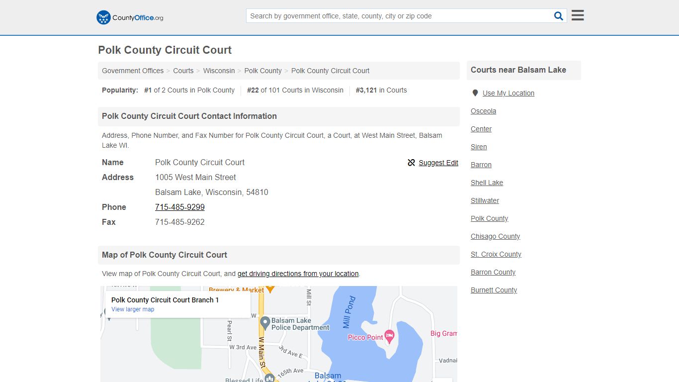 Polk County Circuit Court - Balsam Lake, WI (Address, Phone, and Fax)